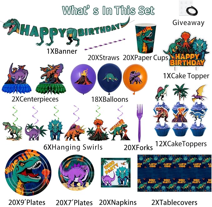 185PCS Dinosaur Birthday Party Decorations, Dinosaur Party Supplies Plates and Napkins Set, Dino Tableware, Banner, Hanging Swirls, Tablecloth, Cake Cupcake Topper, Ballons Cutlery Sets