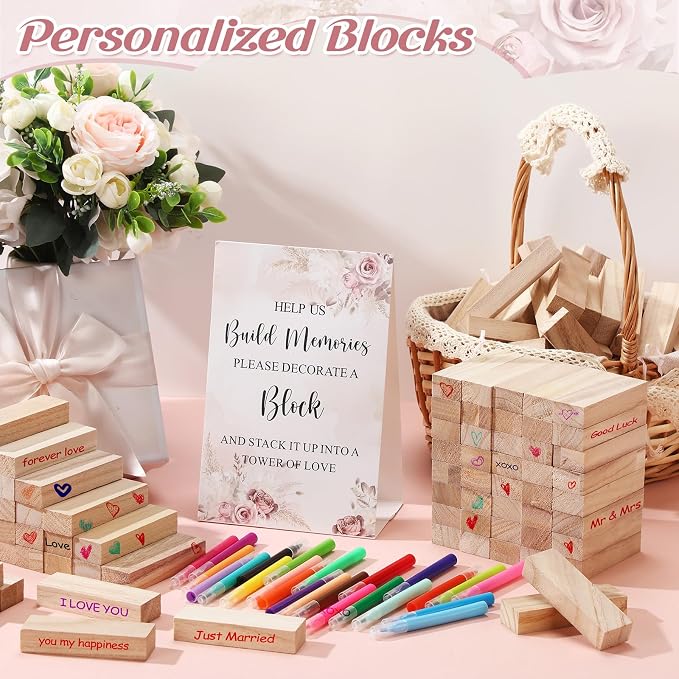 Nuanchu 125 Pcs Wedding Guest Book Alternative 100 Wooden Block Guest Book 24 Signing Pens Wedding Game Sign Wedding Decorations for Reception Bridal Shower Guest Book for Sign in(Boho)