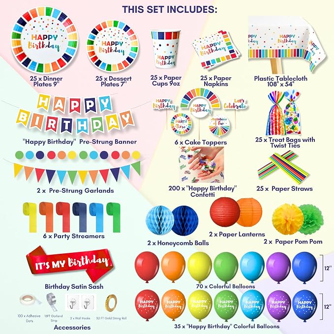 489 Pc Rainbow & Colorful Birthday Party Decorations Kit 25 Guests | Rainbow balloon arch, banner, tableware, cake toppers & sash; reusable, indoor/outdoor party kit for boys & girls, serves 25