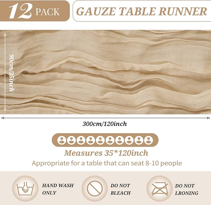 12 Pack Cheesecloth Table Runner 35 x 120 inch Long Boho Cheese Cloth Gauze Table Runners Semi Sheer Table Runner for Wedding Decor, Bridal Shower, Birthday Party (Beige)