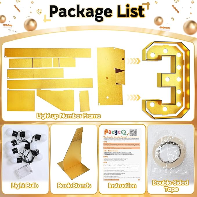 4FT Large Light Up Numbers 3, Gold Number 3 Marquee Frame Marquee Mosaic Numbers for 3rd Birthday, Giant Marquee Number 4 Feet Tall DIY Frame Pre-Cut Foam Board Kit for Graduation Anniversary Party
