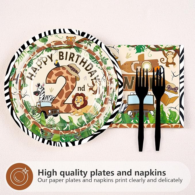 96Pcs Two Wild Birthday Party Decoration Safari Jungle 2 Year Old Birthday Plates and Napkins Mouse Safari Wild Animal Tableware Set for Boys Girls 2nd Birthday Party Supplies, Serves 24