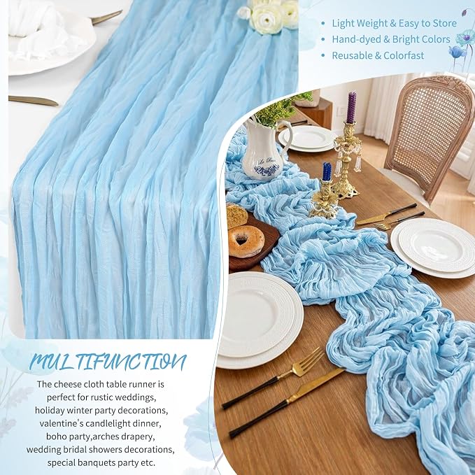 18 Pack Baby Blue Cheesecloth Table Runner 17 x 108 inch Boho Gauze Table Runner Rustic Sheer Cheese Cloth Table Decorations for Wedding Party Baby Bridal Shower Birthday Holiday Home