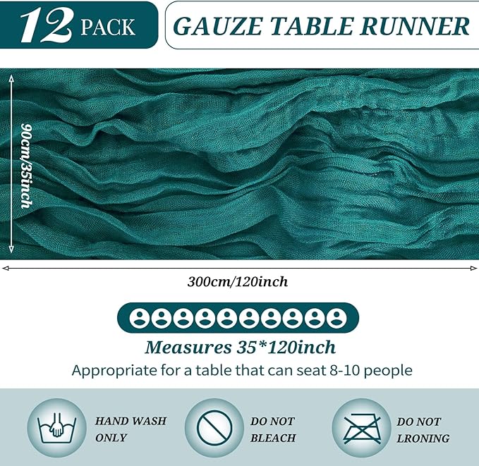 12 Pack Cheesecloth Table Runner 35 x 120 inch Long Boho Cheese Cloth Gauze Table Runners Semi Sheer Table Runner for Wedding Decor, Bridal Shower, Birthday Party (Teal)