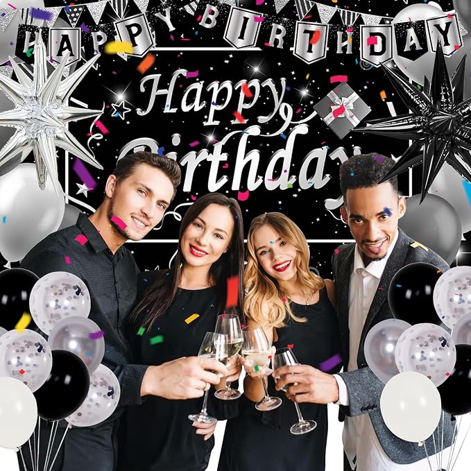 Silver and Black Birthday Decorations for Men Women Boys Girls 80 PCS White Black and Silver Party Decorations Happy Birthday Backdrop Banner Confetti Star White Balloon Arch Tablecloth Party Supplies