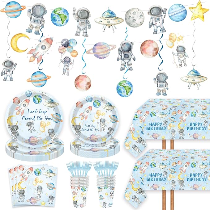 124pcs Space One Birthday Party Supplies Decorations - First Trip Around The Sun Plates Napkins Cups Forks Table Cloths Space Astronaut Banner Hanging Swirls for Boys 1st Birthday Decor(20 Guests)