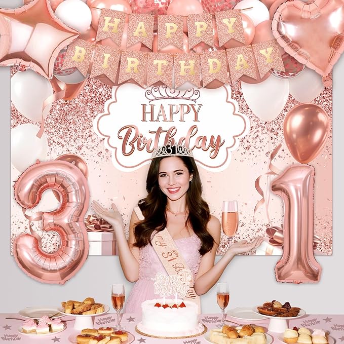 31st Birthday Decorations for Women, 52pcs Sweet Rose Gold Happy 31 Birthday Decorations Including 31st Rose Gold Crown, Sash, Banner, Background for 31 Party Decorations Set