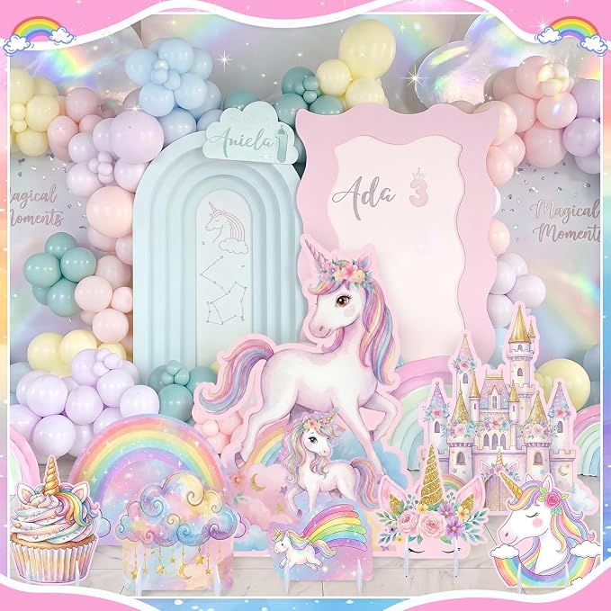 9 Pcs Unicorn Party Decorations Set, Large Rainbow Unicorn Centerpiece with Castle & Clouds, Extra Big Table Decor for Birthday, Pastel, Party Supplies