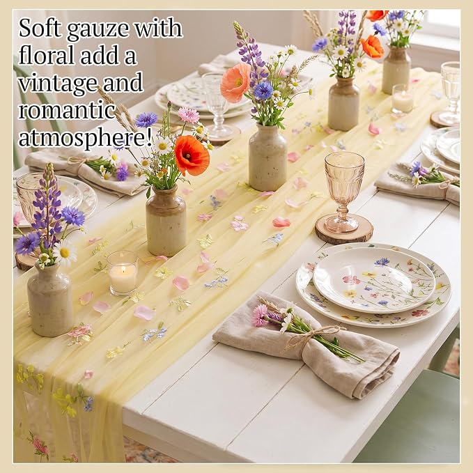 Lounsweer 3 Pcs Yellow Wildflower Table Runner 10ft Embroidery Tulle Spring Floral Table Runner Seasonal Summer Butterfly Kitchen Dining Gauze Decoration for Wedding Baby Shower Birthday Party