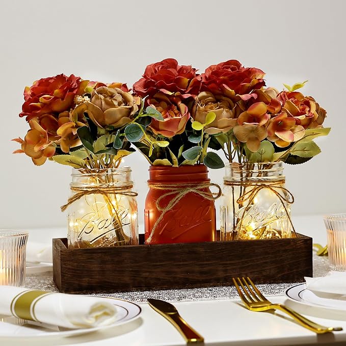 Mason Jar Centerpiece Orange Flower Kitchen Table Decor with Lights | 3 Piece Farmhouse Coffee Table Decor with Fake Flowers Wood Tray for Living Dining Room Bathroom Wedding Outdoor Decoration
