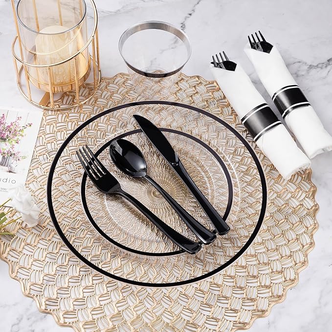 Goodluck 350 Piece Black Plastic Dinnerware Set for Party, Clear Disposable Plates for 50 Guests, Includes 100 Plates, 50 Pre Rolled Napkins with Cutlery Set, 50 Cups, for Graduation Party, Wedding