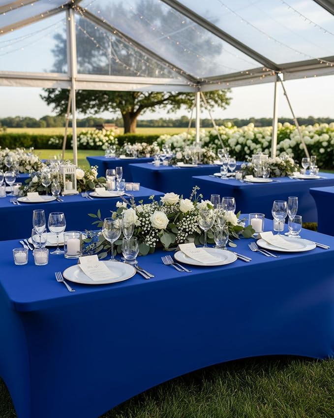 Fixwal 6 Pack 6Ft Royal Blue Table Cover, Spandex Fitted Tablecloths Rectangle, Wrinkle-Free and Stretch Folding Table Cloth for Banquet, Wedding, Party, Trade Show