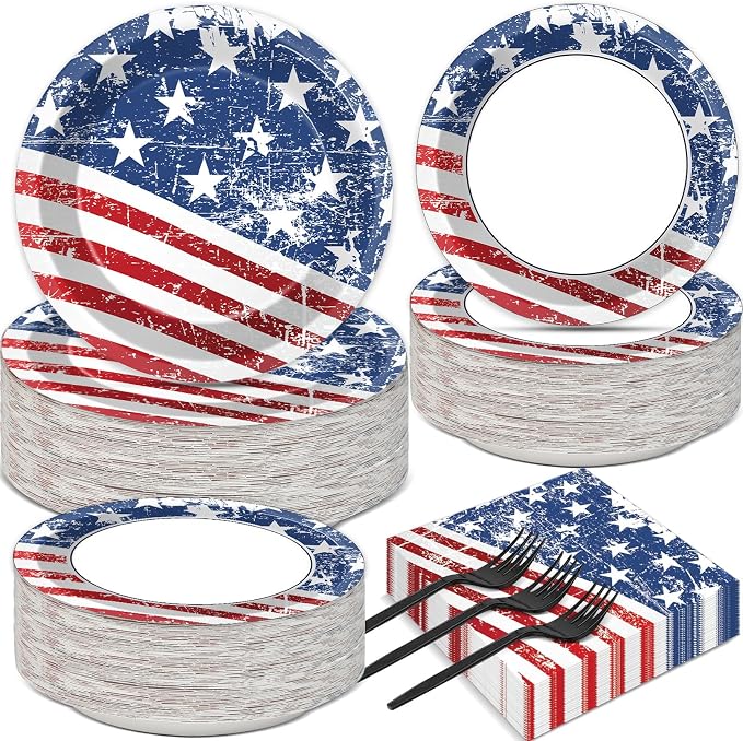 50 Guests 4th of July Paper Plates Napkins Forks American Flag Tableware Set Patriotic Birthday Party Supplies Independence Day Dinnerware Favors 250th Anniversary Party Decorations, 200PCS