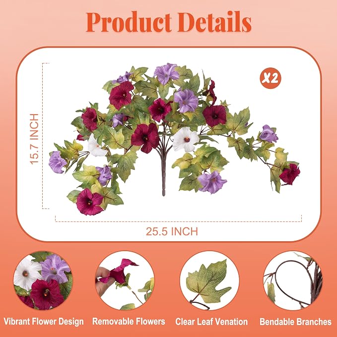 Ammyoo Artificial Fall Flowers Fake Petunias Plants for Outdoor Decoration | 2 Pcs UV Resistant Faux Silk Flowers No Fade Floral for Garden Balcony Yard Porch Realistic Indoor Decor (Burgundy Purple)
