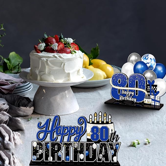 LINGTEER Happy 80th Birthday Blue Acrylic Table Topper Centerpieces Set - Cheers to Eighty Years Old Birthday 80th Bday Party Gift Decorations.