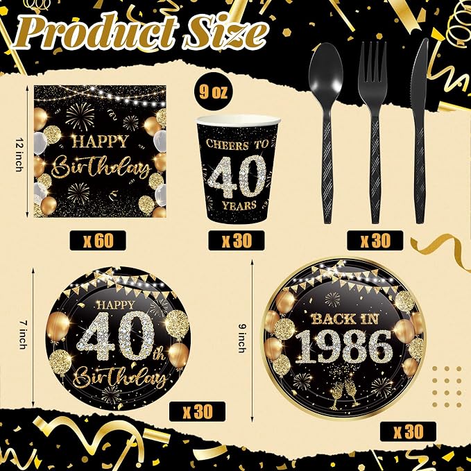 240 Pcs 40th Birthday Decorations 1986 Birthday Party Tableware Include Plates Napkins 9oz Cups Cutlery 40th Anniversary Party Supplies for Men Women Him Her, Serve 30 Guests (Black Gold)