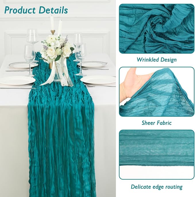 3 Pack Teal Green Cheesecloth Table Runner 120 Inch 10FT Cheese Cloth Runners for Spring Holiday, Baby Shower, Jungle Theme Party