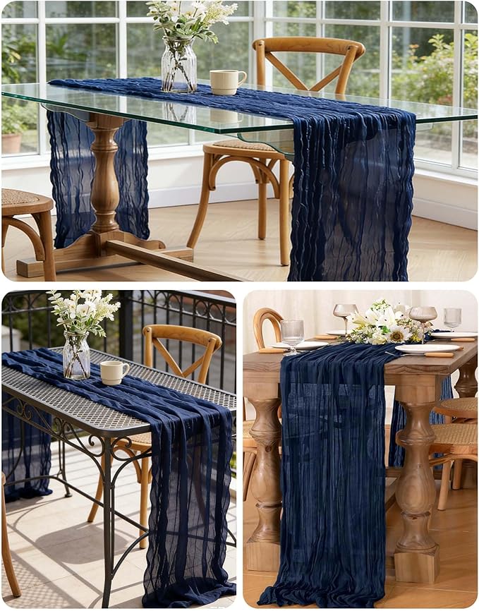 Navy Blue Cheesecloth Table Runner 21x120 Inch Gauze Table Runners Reusable Polyester 10ft Boho Rustic Cheese Cloth Table Runner for Wedding Party Baby Shower Birthday