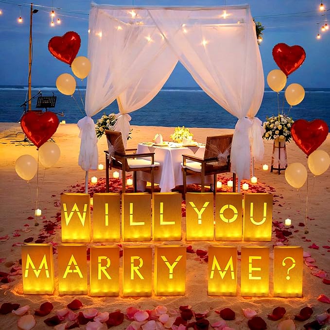 Will You Marry Me Light Up Letters, Paper Luminary Bags with LED Flameless Candles Fake Rose Petals Latex Foil Balloons for Girlfriend Women Valentines' Day Anniversary Proposal Decorations