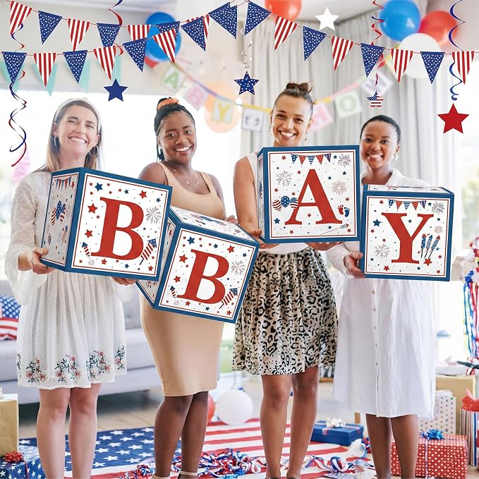Vicenpal Red White and Blue Baby Shower Boxes with Letters Patriotic Decorations Gender Reveal Decoration Photo Prop Set of 4