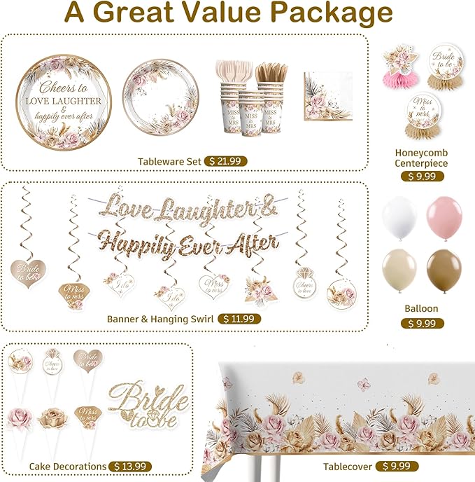 Bridal Shower Decorations, Boho Bride to Be Love Laughter & Happily Ever After Banner Bridal Shower Plates and Napkins With 2 Pcs Tablecloth Cheers to Love Wedding Shower Bachelorette Party Supplies