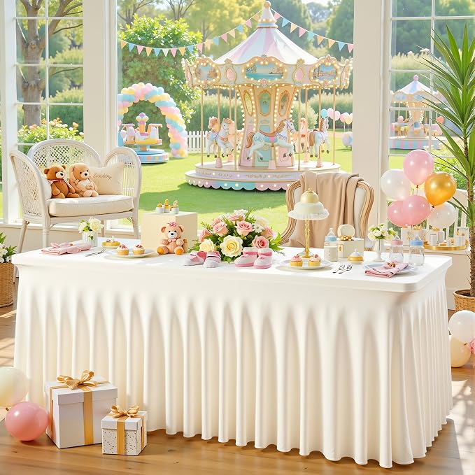 6 Pack Ivory Spandex Tablecloths for Rectangle Tables 6 Foot Ivory Stretch Table Cloth Rectangle 6ft Elastic Fitted Table Cover with Skirt for Wedding Birthday Party Banquet Baby Shower Buffet Event