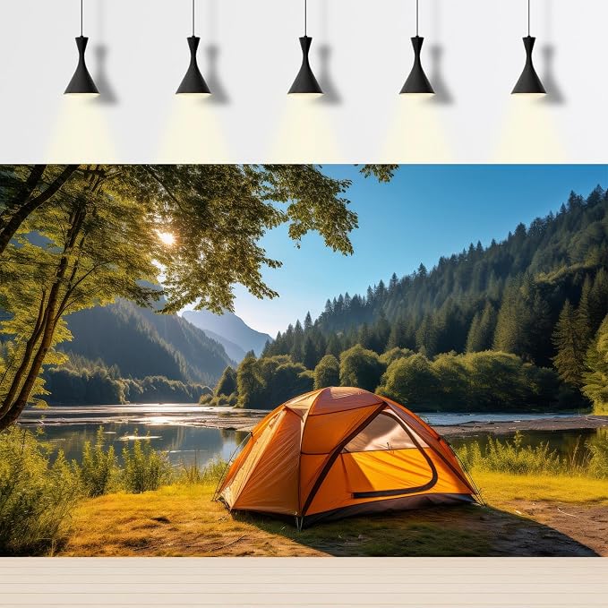 Camping Adventure Backdrop Sunshine Mountain Forest Outdoor Travel Hiking Photography Background Mountain Trees Lake Stream Nature Landscape Grassland Camp Tents Backdrop Decors Props 15x10ft