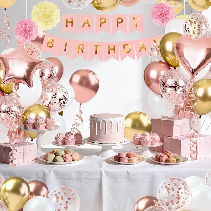 Rose Gold Happy Birthday Party Decorations, Happy Birthday Banner, Rose Gold Heart Star Foil Confetti Balloons and Pink Balloons Party Decorations Kit for Girls Women Princess