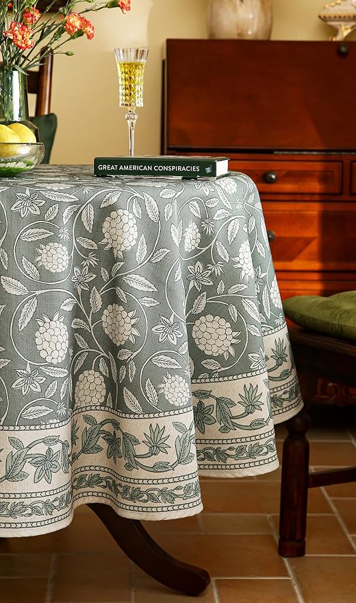 ISAENNE Designer Linen Green Round Tablecloth,Diameter 55"-Andrew A | Vintage Elegant French Beautiful Decor Table Cloth,Floral Pattern,Heavyweight,Dining Room,Tea Party,Kitchen,Thanksgiving