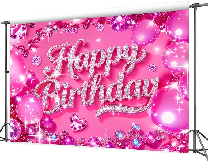 Happy Birthday Backdrop 5Wx3H Feet Polyester Fabric Hot Pink Bling Diamond Glitter for Women Girls Decoration Modern Party Supplies Photography Background Photo Shoot Props