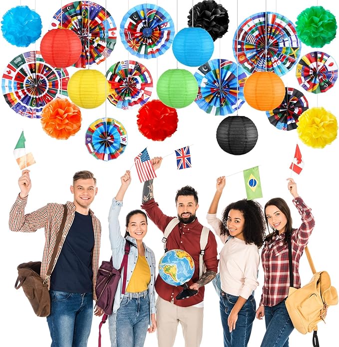 Outus International Flags Hanging Decorations Around The World Paper Fans Country World Flags Tissue Pom Poms Nations Paper Lanterns for Sports Event Back to School Classroom Ceiling Wall Decor