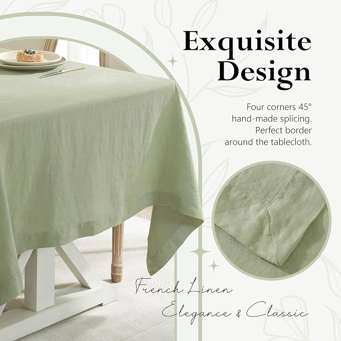 Linen World 100% French Linen Tablecloth Green, 90" x 60" | Washable, Rectangular, For Dining, Outdoor, Weddings, Restaurants, Decorative Thanksgiving Christmas