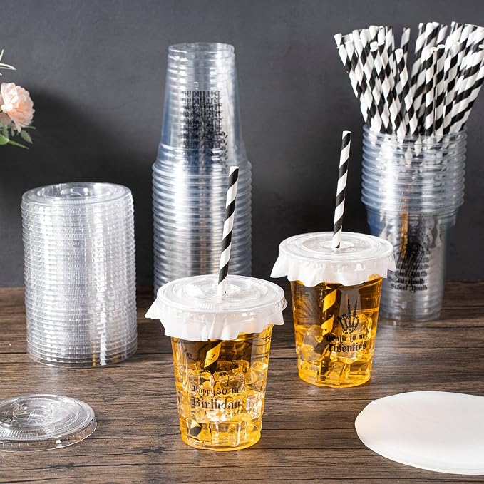 FoldTier 50 Pcs Death to My 20s Party Cups, Disposable Plastic Cups with Straws and Lids Clear mug Birthday Party Supplies for Kids Birthday Table Decorations