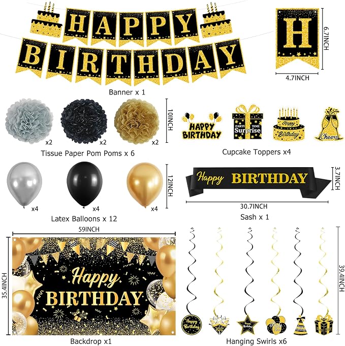 DARUNAXY Black Gold Birthday Decorations Set | Happy Birthday Banner & Sash, Balloons Pom Poms Cake Topper Hanging Swirls Birthday Decor Supplies for Men Women Boys Girls