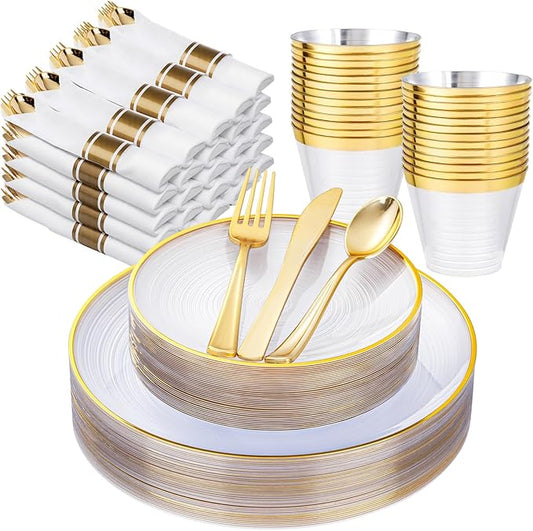 Morejoy 175PCS Clear Gold Plastic Plates - Disposable Gold Party Plates & Pre Rolled Napkins with Cutlery for 25 Guests, 50Plates, 75Silverware, 25Cups, 25Napkin for Party & Wedding & Mother's Day