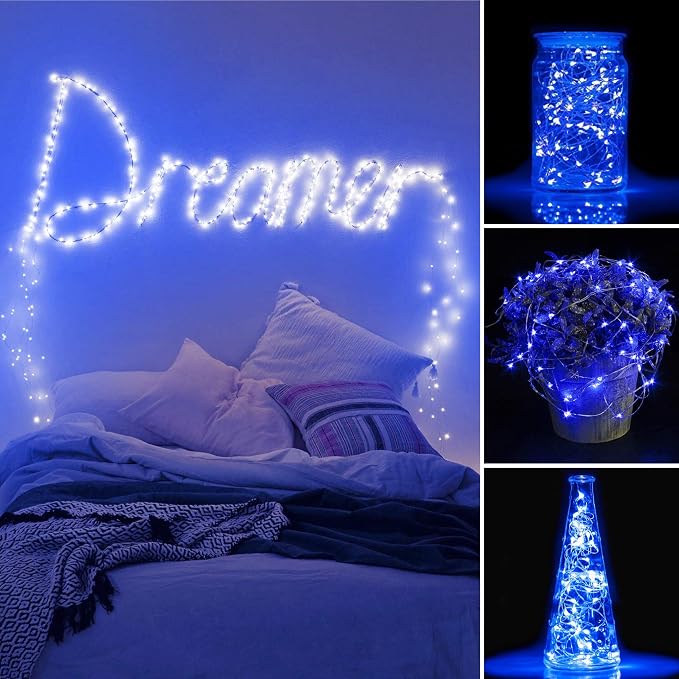Fairy Lights Battery Operated 100 LED 33 ft Twinkle Starry Firefly LED String Lights with Timer 8 Modes Remote Waterproof for Christmas Party Bedroom Wedding 4 Pack (Blue)