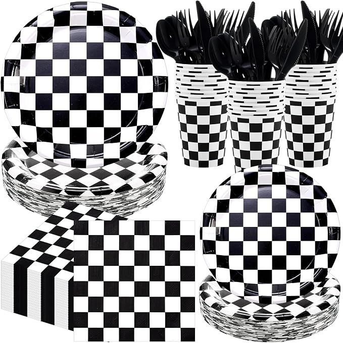 Pickmesh 400 Pcs Race Car Birthday Party Supplies Include Black White Checkered Disposable Paper Plates Napkins Cups Cutlery for Sport Race Car Birthday Party Decorations Serve 50