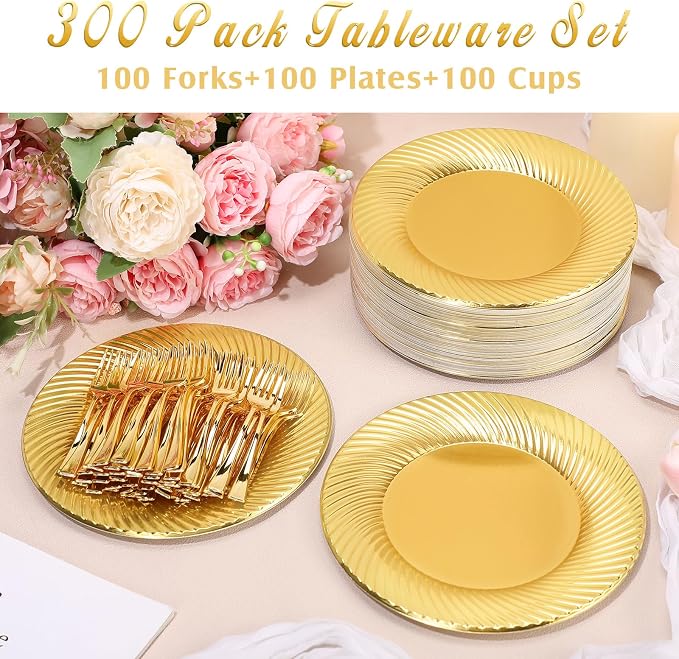 Tioncy 200 Pcs Gold Plastic Dessert Plates with Mini Forks Set for 100 Guests Includes 100 Pcs 7'' Disposable Cake Plates 100 Pcs 3.94'' Gold Plastic Forks for Wedding Birthday Party Dessert Table