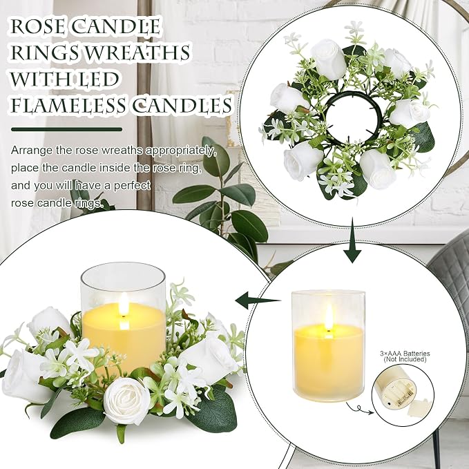 2 Sets Rose Candle Rings with LED Flameless Candles - 3 Inch Wedding Centerpiece Artificial Roses Eucalyptus Wreaths for Pillar Candleholders Wedding Banquet Decor, White