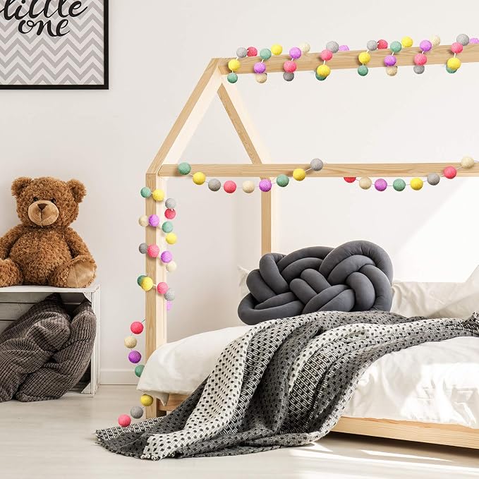 WILLBOND 2 Pieces Wool Felt Rainbow Ball Garland Colorful Pom Pom 6.5 ft Long 24 Ball Garland for Easter Mardi Gras Classroom Halloween Thanksgiving Xmas (Novel Colors)