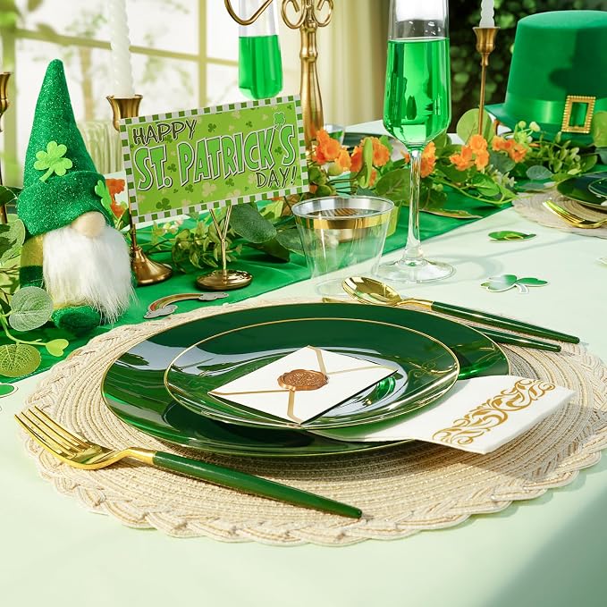 700 PCS Green Plastic Dinnerware Set, Green and Gold Rim Disposable Plates for Party, Include 200 Green Plates with 300 Plastic Cutlery, 100 Napkins and 100 Cups