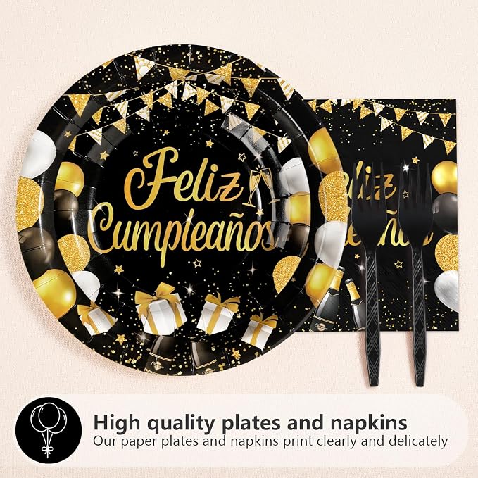 96Pcs Feliz Cumpleaños Decoration Black and Gold Plates and Napkins Feliz Cumpleaños Happy Birthday Tableware Set for Men Women Spanish Black and Gold Birthday Party Supplies Serves 24