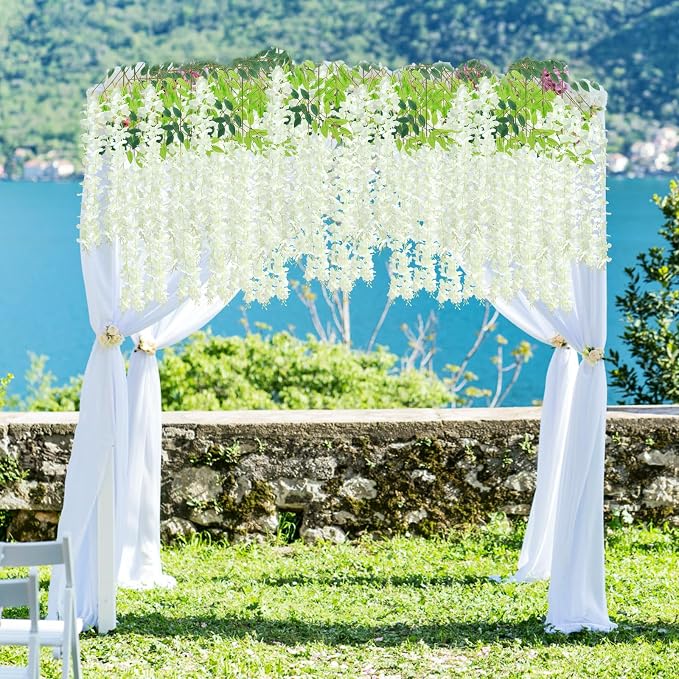 48 Pack Artificial Wisteria Hanging Flowers Fake Wisteria Flower Silk Vines Rattan Decor for Home Wedding Arch Wall Garden Greenery Bedroom Outdoor Office Party Decoration (White)