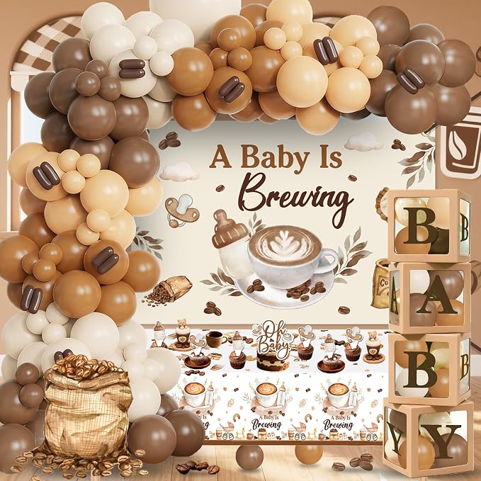 A Baby Is Brewing Baby Shower Decorations - Coffee Theme Party Supplies Include Balloon Garland Arch, Backdrop, Tablecloth, 4 Boxes, Cake Toppers - Neutral Brown Latte Decor