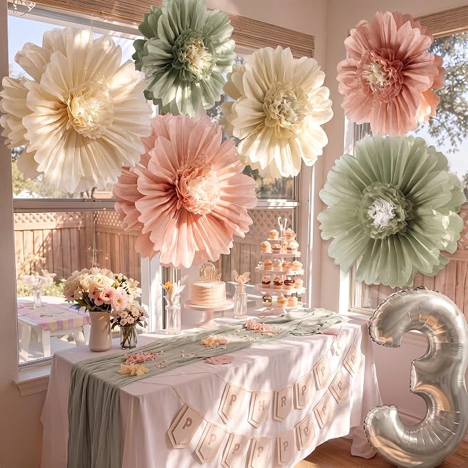 Giegxin 6 Pcs 31.5", 24" Pink and Sage Green Giant Paper Flowers Big Boho Sage Green Crepe Paper Flowers for Wall Decorations Wedding Baby Shower Birthday Bridal Shower Backdrop Classroom Party Decor