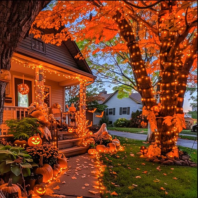JMEXSUSS 250 LED Orange String Lights, 91.5ft Halloween Lights Plug in | Connectable, 8 Modes, Waterproof, Indoor/Outdoor, Yard Patio Porch Rail Halloween Fall Christmas Holiday Decor