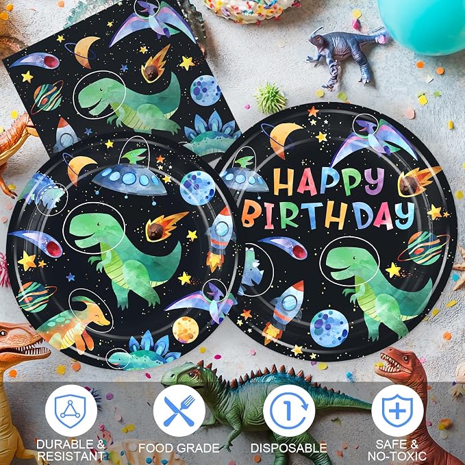 168PCS Dinosaur Party Supllies for Boys Cartoon Dino Birthday Party Decorations with Space Astronauts Planet,Dinosaurs Plates Cups Napkins Tableware -24 Guests
