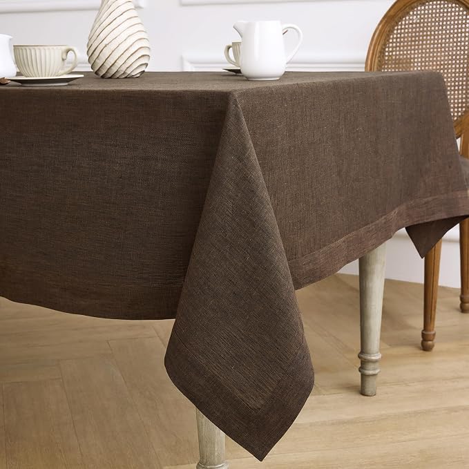 Solino Home Linen Tablecloth 54 x 72 Inch - 100% Pure Linen Chambray Brown Table Cloth for Rectangular Tables - Athena, Machine Washable Cloth Tablecloth