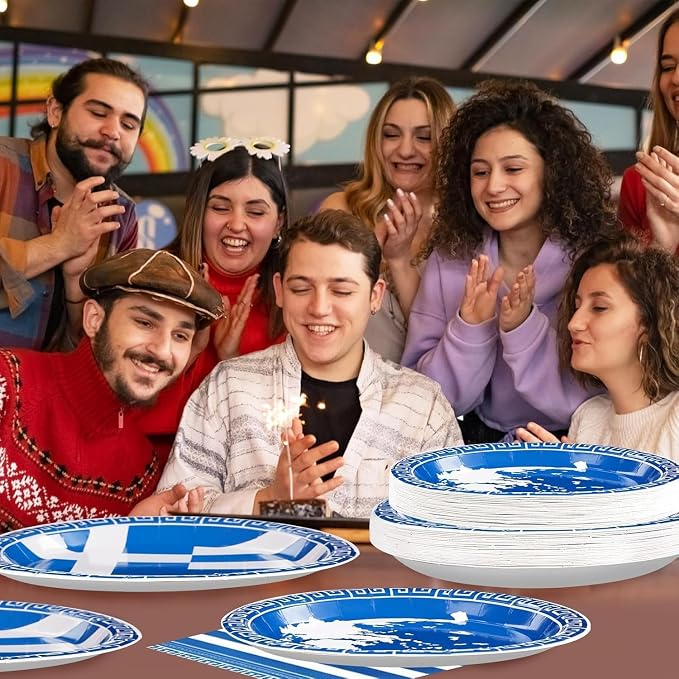 96PCS Greek Flag Birthday Party Supplies Greece Flag Plates Disposable Greek Paper Tableware Set for Blue Greece Independence Day Birthday Decorations Family Gathering Dining Celebration, Serves 24