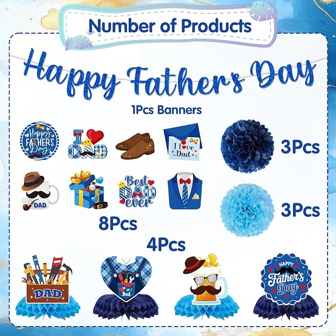 Fathers Day Party Decorations - 19PCS Happy Fathers Day Banners Hanging Swirls Honeycomb Centerpieces Pompoms Party Decor, I Love My Dad Father's Day Holiday Supplies